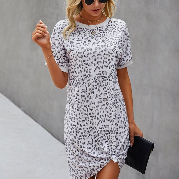 Shein T-Shirt Dress Medium White Animal Cheetah Leopard Print Women Short Sleeve - Picture 1 of 4